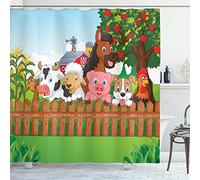 ABAKUHAUS Cartoon Shower Curtain, Composition Farm Animals on Fence Comic Mascots Dog Cow Horse Kids Design, Cloth Fabric Bathroom Decor Set with Hooks, 78 Inches, Multicolor