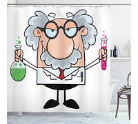 ABAKUHAUS Cartoon Shower Curtain, Nursery Science Themed Composition with Old Scientist with Glasses and Mustache, Cloth Fabric Bathroom Decor Set with Hooks, 70 Inches, Multicolor