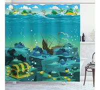 ABAKUHAUS Cartoon Shower Curtain, Seascape Underwater Treasure Galleon and Sunk Ship Pirate Kids Print, Cloth Fabric Bathroom Decor Set with Hooks, 78 Inches, Teal and Yellow