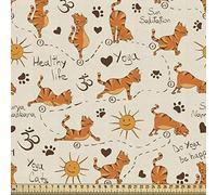 ABAKUHAUS Cat Fabric by The Yard, Do Yoga Be Happy Theme Warm Cats in Positions Smiling Suns Paws Prints Hearts, Fabric for Upholstery and Home Accents, 1M (148x100cm), Orange Brown Cream