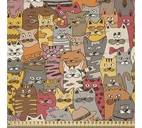 ABAKUHAUS Cat Fabric by The Yard, Psychedelic Colorful Pattern with Funny Kittens Abstract Vintage Mascots Bizarre Comic, Satin Fabric for Home Decor Textiles and Crafts, 1M (148x100cm), Multicolor