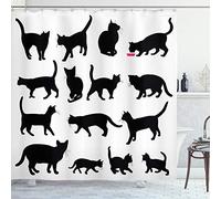 ABAKUHAUS Cat Shower Curtain, Black Cat Silhouettes in Different Poses Domestic Pets Kitty Paws Tail and Whiskers, Cloth Fabric Bathroom Decor Set with Hooks, 78 Inches, Black White