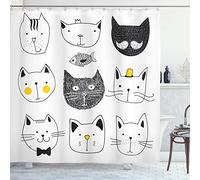 ABAKUHAUS Cat Shower Curtain, Cats Moustache Bow Tie Hat Crown Fluffy and Fish Humor Faces Graphic, Cloth Fabric Bathroom Decor Set with Hooks, 70 Inches, Yellow Grey