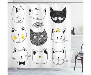 ABAKUHAUS Cat Shower Curtain, Cats Moustache Bow Tie Hat Crown Fluffy and Fish Humor Faces Graphic, Cloth Fabric Bathroom Decor Set with Hooks, 175 x 200 cm, Yellow Grey