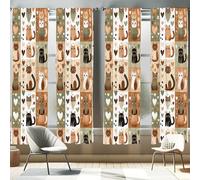 ABAKUHAUS Cats Window Curtains Pack of 2, Modern Scandi Pattern of Kitten Love with Romantic Hearts Cartoon Design, Lightweight Set with Rod Pocket, 4 Panels of - 28" x 84", Ginger Olive Green White