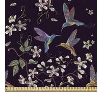 ABAKUHAUS Cherry Blossom Fabric by The Yard, Flappy Broad-Tailed Hummingbirds Flying Around White Cherry Blossom Trees, Fabric for Upholstery and Home Accents, 1M (148x100cm), Black Beige