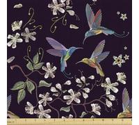 ABAKUHAUS Cherry Blossom Fabric by The Yard, Flappy Broad-Tailed Hummingbirds Flying Around White Cherry Blossom Trees, Fabric for Upholstery and Home Accents, 3M (148x300cm), Black Beige