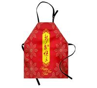 ABAKUHAUS Chinese New Year Apron, Ancient Asian Flower Motifs and Eastern Calligraphic Text, Unisex Kitchen Bib Apron with Adjustable Neck for Cooking Baking Gardening, Vermilion Yellow Pale Grey