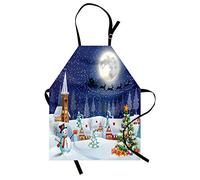 ABAKUHAUS Christmas Apron, Winter Season Snowman Xmas Tree Santa Sleigh Moon Present Boxes Snow and Stars, Unisex Kitchen Apron with Adjustable Neck for Cooking Baking Gardening, Blue White