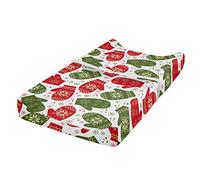 ABAKUHAUS Christmas Changing Pad Cover, Winter Mitten Nordic, Soft Cover for Diaper Changing Pad with Safety Buckle Holes, Green Red and White