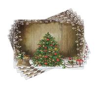 ABAKUHAUS Christmas Place Mats Set of 4, Pine Tree with Present Boxes on Snowy Board Xmas at Countryside Theme, Washable Fabric Placemats for Dining Table, Standard Size, Brown Green