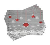 ABAKUHAUS Christmas Place Mats Set of 4, Traditional Celebration Theme Pendant Stars Baubles Ornate Snowflakes, Washable Fabric Placemats for Dining Table, Standard Size, Grey White Red