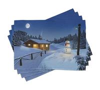 ABAKUHAUS Christmas Place Mats Set of 4, Wooden Rustic Log Cottage Scenery in the Winter Season Warm Moonlight, Washable Fabric Placemats for Dining Table, Standard Size, Night Blue White