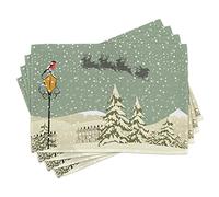 ABAKUHAUS Christmas Placemats, Santa Claus Reindeer, Washable Fabric Dining Room Kitchen Table Decoration Digital Print, Beige Green White