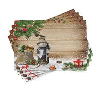 ABAKUHAUS Christmas Placemats, Snowman in Garden, Washable Fabric Dining Room Kitchen Table Decoration Digital Print, White Brown