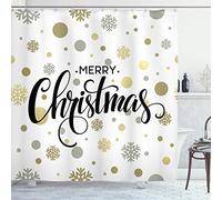 ABAKUHAUS Christmas Shower Curtain, Merry Christmas Lettering on an Abstract Modern Snowflake Dot Pattern, Cloth Fabric Bathroom Decor Set with Hooks, 78 Inches, Multicolor