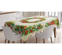 ABAKUHAUS Christmas Tablecloth, Old Fashioned Nostalgic Christmas Graphic Banners with a Greeting Text Art Print, Dining Room Kitchen Table Cover, 54" x 94", Beige Red Green