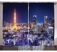 ABAKUHAUS City Curtains, Vibrant Illustration of Tokyo Japan at Night Busy Life Business District, Living Room Bedroom Window Drapes 2 Panel Set, 96 L X 110 W, Multicolor