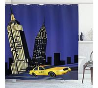 ABAKUHAUS City Shower Curtain, Skyscrapers and Taxi New York Theme American Downtown Scenic Skyline, Cloth Fabric Bathroom Decor Set with Hooks, 78 Inches, Violet Blue Yellow Black