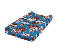 ABAKUHAUS Colorful Changing Pad Cover, Floral Roses Skulls, Soft Cover for Diaper Changing Pad with Safety Buckle Holes, Blue Red Ivory
