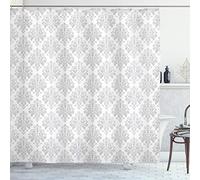 ABAKUHAUS Damask Grey Shower Curtain, Antique Baroque Pattern of Continuous Botany Swirls Illustration Print, Cloth Fabric Bathroom Decor Set with Hooks, 78 Inches, Pale Grey and White