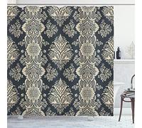 ABAKUHAUS Damask Shower Curtain, Victorian Style Baroque Classic Pattern with Ornamental Floral Leaves Image, Cloth Fabric Bathroom Decor Set with Hooks, 70 Inches, Charcoal Grey Cream
