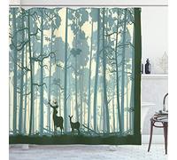 ABAKUHAUS Deer Shower Curtain, Animal Silhouette in Foggy Forest Animals in Nature Themed Cartoon Dusk Artwork, Cloth Fabric Bathroom Decor Set with Hooks, 78 Inches, Black White Grey