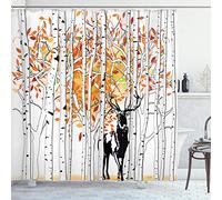 ABAKUHAUS Deer Shower Curtain, Deer in Forest Autumn Colors Trees Foliage Wilderness Seasonal Artwork, Cloth Fabric Bathroom Decor Set with Hooks, 78 Inches, Orange Green and White