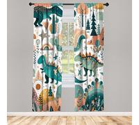 ABAKUHAUS Dinosaur Window Curtains Pack of 2, Scandi Cartoon Jurassic Animal Scene with Leaves Flowers in Woodland, Lightweight Set & Rod Pocket, 4 Panels of - 28" x 63", Petrol Blue Teal Salmon