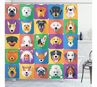 ABAKUHAUS Dog Shower Curtain, Dog Breeds Profiles Pets Shepherd Terrier Labrador Domestic Animals Illustration, Cloth Fabric Bathroom Decor Set with Hooks, 86 Inches Extra Long, Purple Green