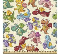 ABAKUHAUS Dragon Fabric by The Yard, Cartoon Dragons Silly Expressions Colorful Flying Fantasy Characters, Fabric for Upholstery and Home Accents, 2M (148x200cm), Green Beige
