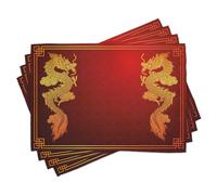 ABAKUHAUS Dragon Place Mats Set of 8, Chinese Heritage Historical Eastern Motif Creature Design, Washable Fabric Placemats for Dining Table, Placemat 8 pcs, Orange Yellow