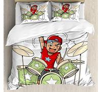 ABAKUHAUS Drums Duvet Cover Set, Cartoon Style Boy Drummer, Bedding Set 3 Pieces with 2 Pillow Shams, 230 x 220 cm - 70 x 50 cm, White and Multicolor