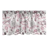 ABAKUHAUS Eiffel Tower Window Valance, Travel in Paris Theme Honeymoon Flowers Romance Hot Air Balloon Bike, Curtain Valance for Kitchen Bedroom Decor with Rod Pocket, 54" X 18", Pale Pink White