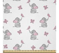 ABAKUHAUS Elephant Nursery Fabric by the Yard, Baby Elephants Playing with Butterflies Design Pattern, Fabric for Upholstery and Home Decor Accents,3M (148x300cm), Grey Pale Pink White