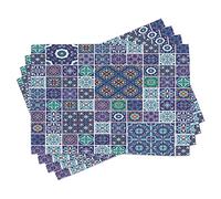 ABAKUHAUS Ethnic Placemats, Traditional Mosaic Tiles, Washable Fabric Dining Room Kitchen Table Decoration Digital Print, Indigo Green