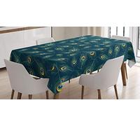 ABAKUHAUS Feather Tablecloth, Colorful Middle Eastern Exotic Peacock Feather Motifs on a Dark Toned Background, Dining Room Kitchen Table Cover, Rectangular 140 x 200 cm, Multicolor