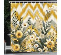 ABAKUHAUS Floral Eucalyptus Shower Curtain, Botanical Chevron, Cloth Fabric Bathroom Decor Set with Hooks, 175 x 200 cm, Mustard Bay Leaf