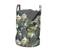 ABAKUHAUS Floral Laundry Bag, Botanic Tropic Leaves, Hamper Basket with Handles Drawstring Closure for Laundromats, 13" x 13" x 19", Green and White