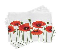 ABAKUHAUS Floral Place Mats Set of 4, Poppies of Spring Season Pastoral Flowers Botany Bouquet Field Nature Theme Art, Washable Fabric Placemats for Dining Table, Standard Size, Vermilion Green
