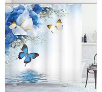ABAKUHAUS Floral Shower Curtain, Nature Theme Wild Flowers Monarch Butterflies Lily on Lake Therapy Spa Art Prints, Cloth Fabric Bathroom Decor Set with Hooks, 70 Inches, Blue White