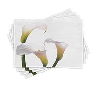 ABAKUHAUS Flower Place Mats Set of 4, Flourishing Calla Lilies on White Fresh Spring Bouquet Gentle Nature Theme, Washable Fabric Placemats for Dining Table, Standard Size, White Green