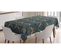 ABAKUHAUS Folk Tablecloth, Victorian Style Composition with Cartoonish Poppies Bluebells and Birds, Dining Room Kitchen Table Cover, Rectangular 140 x 200 cm, Multicolor