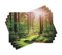 ABAKUHAUS Forest Place Mats Set of 4, Forest in Spring Time Sunset Moss Woods Leaf Wilderness Fantasy View Print, Washable Fabric Placemats for Dining Table, Standard Size, Fern green