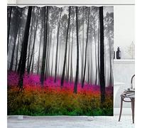 ABAKUHAUS Forest Shower Curtain, Fantasy Woodland Under Heavy Fog Tall Trees Bushes Contrast Colors, Cloth Fabric Bathroom Decor Set with Hooks, 175 x 180 cm, Vermilion Green