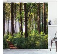 ABAKUHAUS Forest Shower Curtain, Pathway in a Shady Forest of Bushes and Thick Trunks Grass Unique Wild Life Scenery, Cloth Fabric Bathroom Decor Set with Hooks, 78" Inches, Brown Green