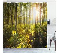 ABAKUHAUS Forest Shower Curtain, Trees Sun Rays in Woods Foliage Greenery Scenic Outdoors Tranquil Untouched, Cloth Fabric Bathroom Decor Set with Hooks, 70 Inches, Green Yellow Brown