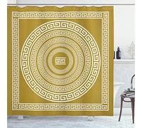 ABAKUHAUS Geometric Shower Curtain, Neo Classical Concept Boho Antique Look Lines and Rounds Square Print Monochrome, Cloth Fabric Bathroom Decor Set with Hooks, 78" Inches, Pale Amber White