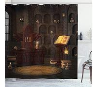 ABAKUHAUS Gothic Shower Curtain, Chamber of Secret Rite with Skulls on the Wall Sorcery Spell Image Print, Cloth Fabric Bathroom Decor Set with Hooks, 78 Inches, Brunette Brown