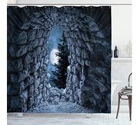 ABAKUHAUS Gothic Shower Curtain, Dark Cave the Full Moon at Night Scary Horror Medieval Artwork Print, Cloth Fabric Bathroom Decor Set with Hooks, 78 Inches, Blue Grey